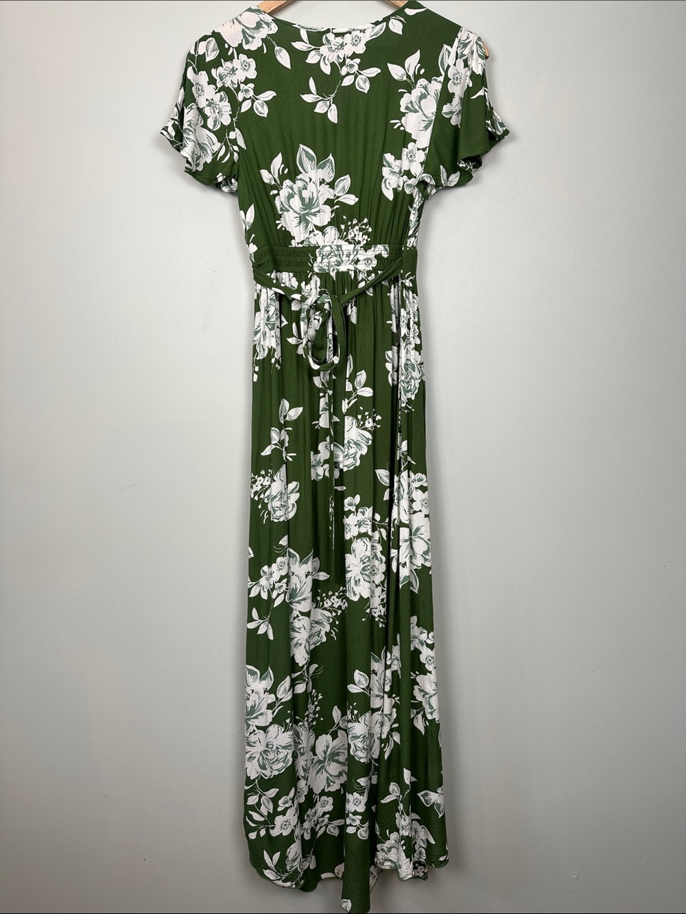 Patrons of Peace Olive Green White Floral faux Wrap Maxi Dress boho Cottagecore - Picture 7 of 11